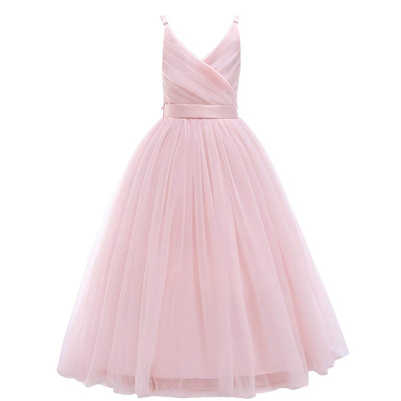 Glamulice Pink Girls Lace Bridesmaid Dress Long A Line Wedding Pageant Dresses Tulle Spaghetti Strap Party Dance Gown Petal Pink Flower Girl Dresses Elegant Formal Princess Birthday Ball Gown 6 - Image 1